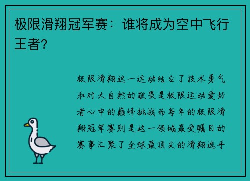 极限滑翔冠军赛：谁将成为空中飞行王者？